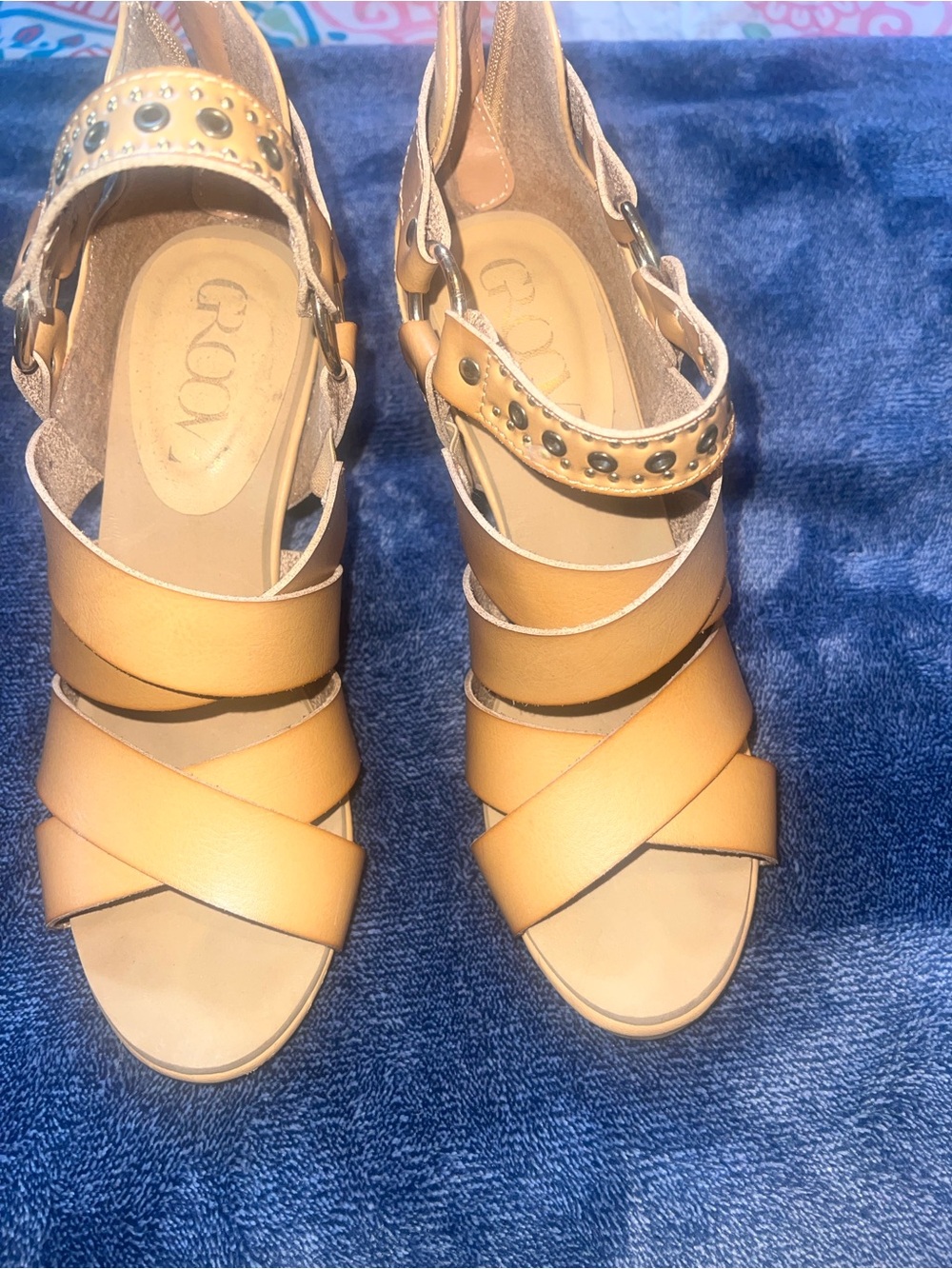Studded Crisscross Ankle-Wrap Heels in Tan